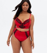 New Look Curves Red Satin Lace Trim High Waist Thong